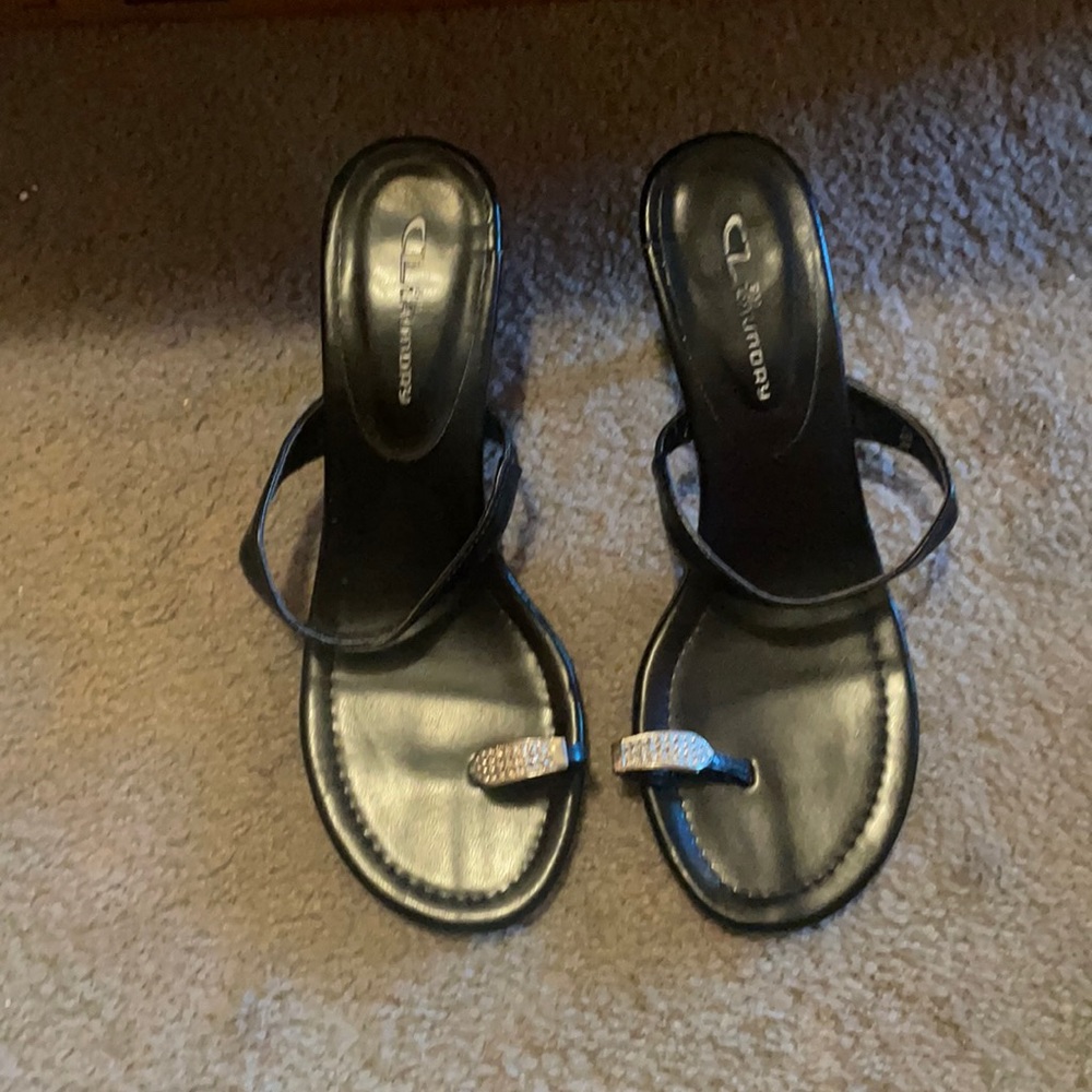 Black slip on heels with rhinestone toe strap